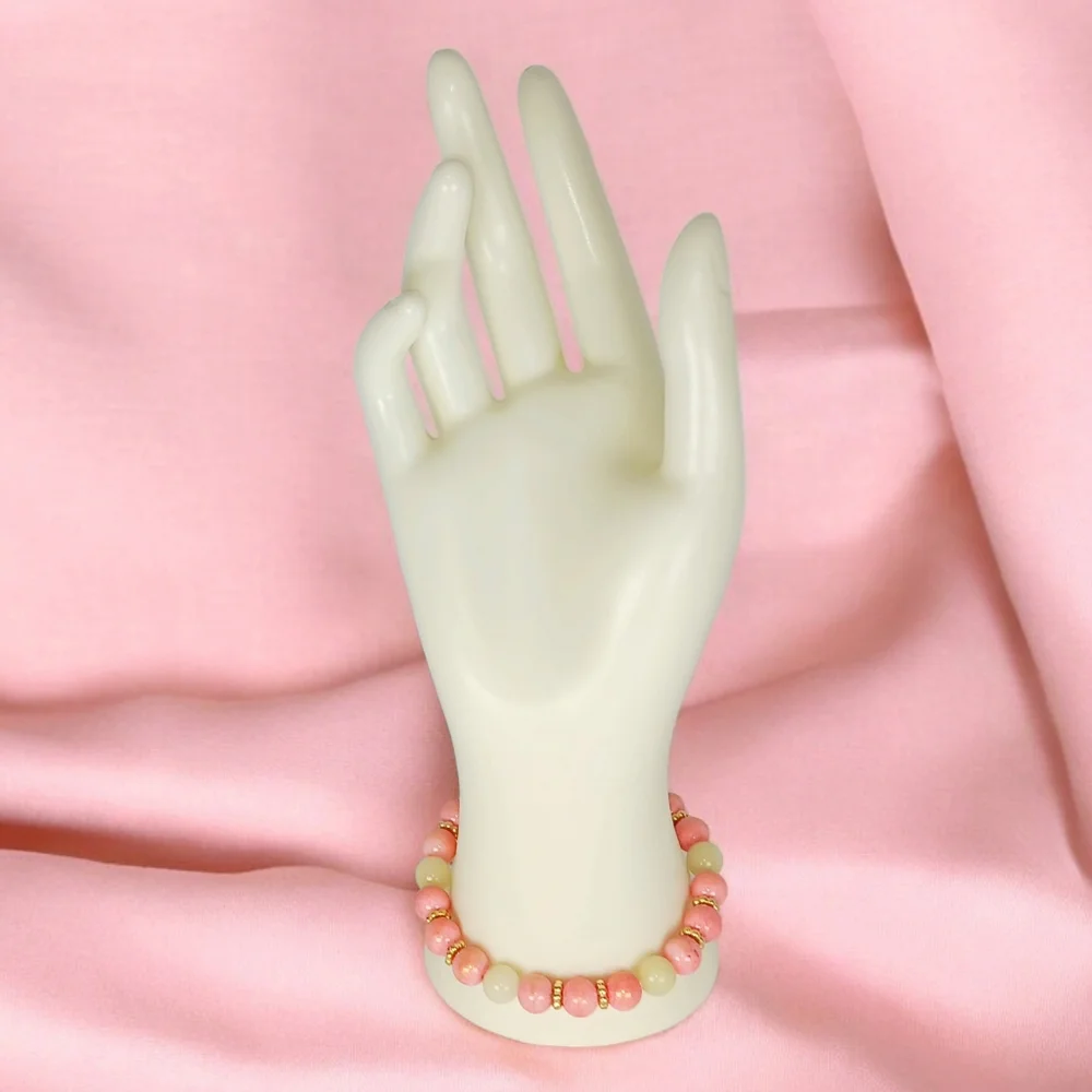 Peach Pink Mountain Jade Green Beryl & Clear Quartz Crystal Bracelet New Preppy